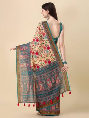 Digital Print Zari Cotton Lilen Crocher Work Saree With Multicolored Cotton Tussle At Pallu 2