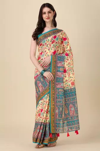 Digital Print Zari Cotton Lilen Crocher Work Saree With Multicolored Cotton Tussle At Pallu