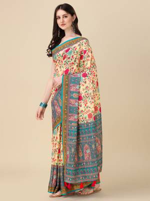 Digital Print Zari Cotton Lilen Crocher Work Saree With Multicolored Cotton Tussle At Pallu 4