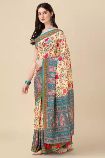 Digital Print Zari Cotton Lilen Crocher Work Saree With Multicolored Cotton Tussle At Pallu