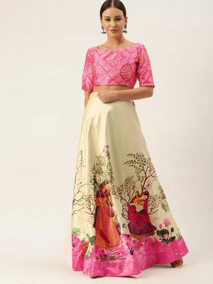 Ethnic Motifs Digital Print Shiney Satin Croptop Lehenga Choli With Unstitched Blouse For Women and Girls 1