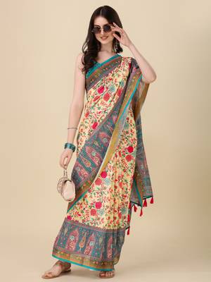 Digital Print Zari Cotton Lilen Crocher Work Saree With Multicolored Cotton Tussle At Pallu 5