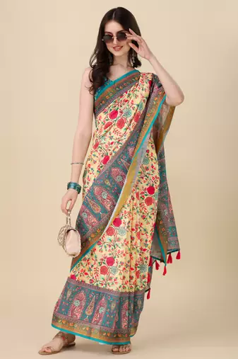Digital Print Zari Cotton Lilen Crocher Work Saree With Multicolored Cotton Tussle At Pallu