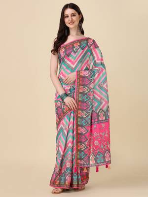 Digital Print Zari Cotton Lilen Crocher Work Saree With Multicolored Cotton Tussle At Pallu 1
