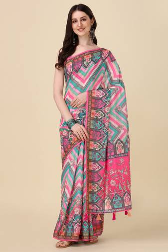 Digital Print Zari Cotton Lilen Crocher Work Saree With Multicolored Cotton Tussle At Pallu