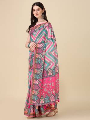 Digital Print Zari Cotton Lilen Crocher Work Saree With Multicolored Cotton Tussle At Pallu 2