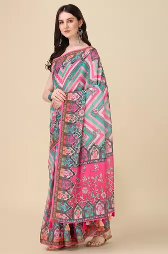 Digital Print Zari Cotton Lilen Crocher Work Saree With Multicolored Cotton Tussle At Pallu