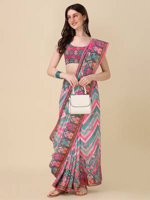 Digital Print Zari Cotton Lilen Crocher Work Saree With Multicolored Cotton Tussle At Pallu 3