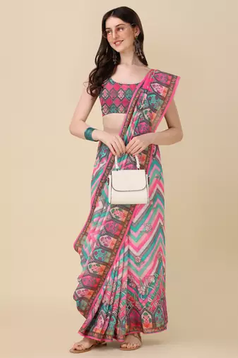 Digital Print Zari Cotton Lilen Crocher Work Saree With Multicolored Cotton Tussle At Pallu
