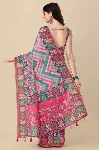 Digital Print Zari Cotton Lilen Crocher Work Saree With Multicolored Cotton Tussle At Pallu