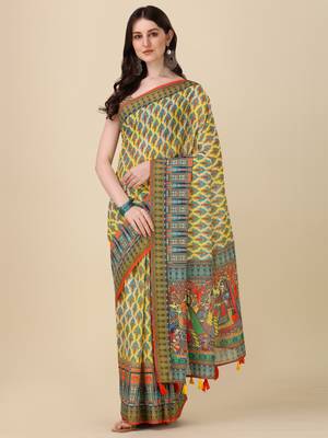 Digital Print Zari Cotton Lilen Crocher Work Saree With Multicolored Cotton Tussle At Pallu 1
