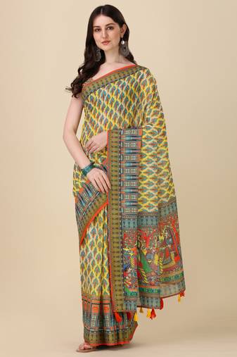 Digital Print Zari Cotton Lilen Crocher Work Saree With Multicolored Cotton Tussle At Pallu