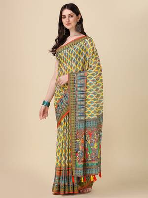 Digital Print Zari Cotton Lilen Crocher Work Saree With Multicolored Cotton Tussle At Pallu 2