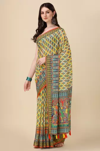 Digital Print Zari Cotton Lilen Crocher Work Saree With Multicolored Cotton Tussle At Pallu