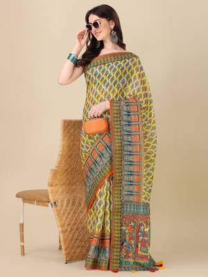 Digital Print Zari Cotton Lilen Crocher Work Saree With Multicolored Cotton Tussle At Pallu 3