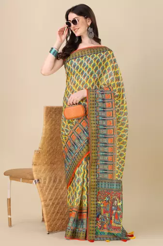 Digital Print Zari Cotton Lilen Crocher Work Saree With Multicolored Cotton Tussle At Pallu