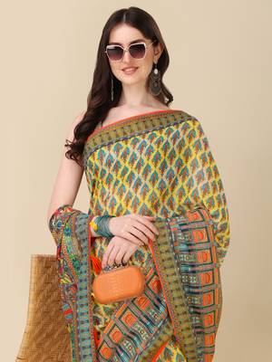 Digital Print Zari Cotton Lilen Crocher Work Saree With Multicolored Cotton Tussle At Pallu 4