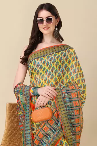 Digital Print Zari Cotton Lilen Crocher Work Saree With Multicolored Cotton Tussle At Pallu