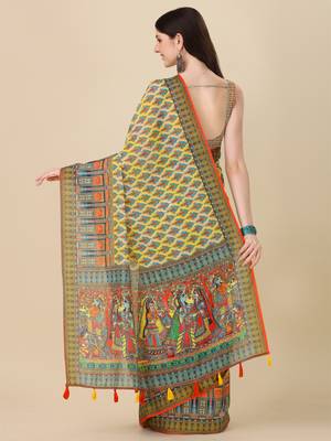 Digital Print Zari Cotton Lilen Crocher Work Saree With Multicolored Cotton Tussle At Pallu 5
