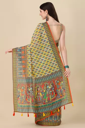 Digital Print Zari Cotton Lilen Crocher Work Saree With Multicolored Cotton Tussle At Pallu