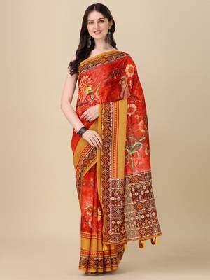 Digital Print Zari Cotton Lilen Crocher Work Saree With Multicolored Cotton Tussle At Pallu 1