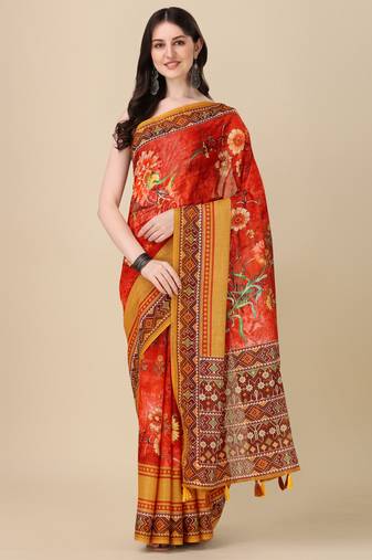 Digital Print Zari Cotton Lilen Crocher Work Saree With Multicolored Cotton Tussle At Pallu