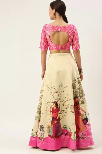 Ethnic Motifs Digital Print Shiney Satin Croptop Lehenga Choli With Unstitched Blouse For Women and Girls