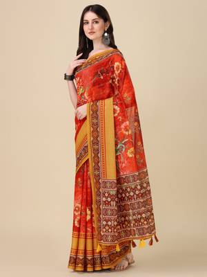 Digital Print Zari Cotton Lilen Crocher Work Saree With Multicolored Cotton Tussle At Pallu 2
