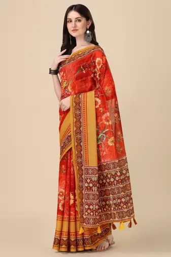 Digital Print Zari Cotton Lilen Crocher Work Saree With Multicolored Cotton Tussle At Pallu