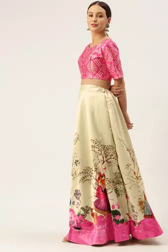 Ethnic Motifs Digital Print Shiney Satin Croptop Lehenga Choli With Unstitched Blouse For Women and Girls