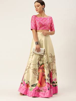 Ethnic Motifs Digital Print Shiney Satin Croptop Lehenga Choli With Unstitched Blouse For Women and Girls 4