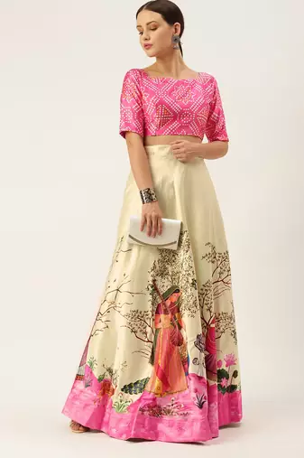 Ethnic Motifs Digital Print Shiney Satin Croptop Lehenga Choli With Unstitched Blouse For Women and Girls
