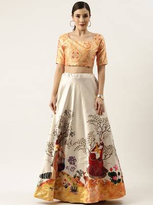 Ethnic Motifs Digital Print Shiney Satin Croptop Lehenga Choli With Unstitched Blouse For Women and Girls 1