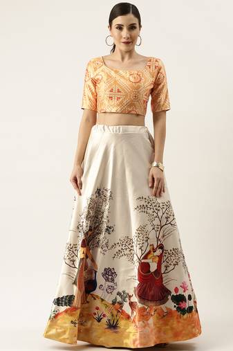 Ethnic Motifs Digital Print Shiney Satin Croptop Lehenga Choli With Unstitched Blouse For Women and Girls
