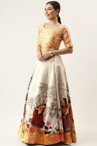 Ethnic Motifs Digital Print Shiney Satin Croptop Lehenga Choli With Unstitched Blouse For Women and Girls