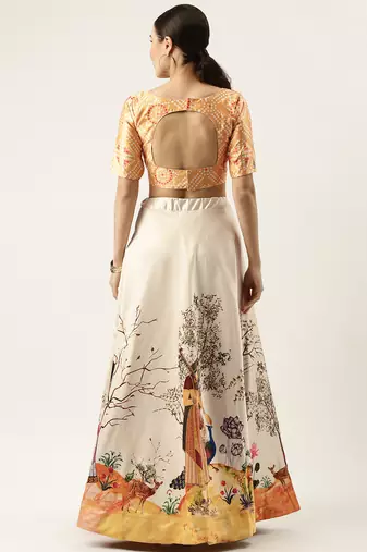 Ethnic Motifs Digital Print Shiney Satin Croptop Lehenga Choli With Unstitched Blouse For Women and Girls
