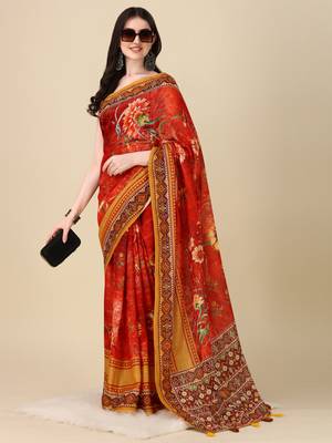 Digital Print Zari Cotton Lilen Crocher Work Saree With Multicolored Cotton Tussle At Pallu 3