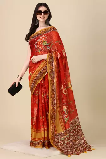 Digital Print Zari Cotton Lilen Crocher Work Saree With Multicolored Cotton Tussle At Pallu