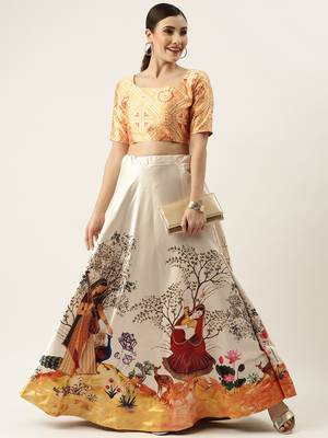 Ethnic Motifs Digital Print Shiney Satin Croptop Lehenga Choli With Unstitched Blouse For Women and Girls 4