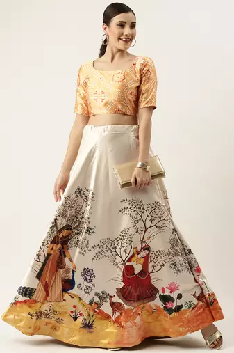 Ethnic Motifs Digital Print Shiney Satin Croptop Lehenga Choli With Unstitched Blouse For Women and Girls