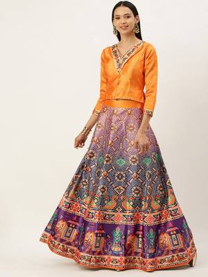 Bandhni Patola Type Digital Print Shiney Satin Croptop Lehenga Choli With Unstitched Blouse For Women and Girls 1