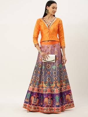 Bandhni Patola Type Digital Print Shiney Satin Croptop Lehenga Choli With Unstitched Blouse For Women and Girls 2