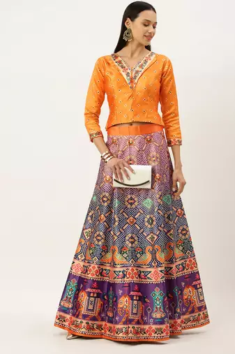 Bandhni Patola Type Digital Print Shiney Satin Croptop Lehenga Choli With Unstitched Blouse For Women and Girls