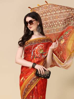 Digital Print Zari Cotton Lilen Crocher Work Saree With Multicolored Cotton Tussle At Pallu 4