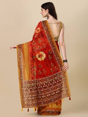Digital Print Zari Cotton Lilen Crocher Work Saree With Multicolored Cotton Tussle At Pallu 5