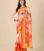 Digital Print Zari Cotton Lilen Crocher Work Saree With Multicolored Cotton Tussle At Pallu