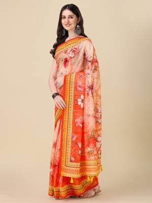 Digital Print Zari Cotton Lilen Crocher Work Saree With Multicolored Cotton Tussle At Pallu 2