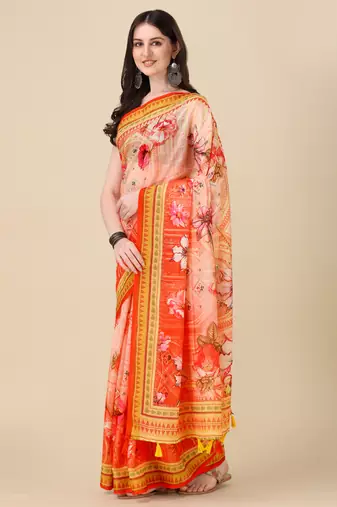 Digital Print Zari Cotton Lilen Crocher Work Saree With Multicolored Cotton Tussle At Pallu