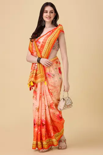 Digital Print Zari Cotton Lilen Crocher Work Saree With Multicolored Cotton Tussle At Pallu