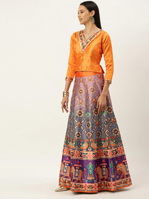 Bandhni Patola Type Digital Print Shiney Satin Croptop Lehenga Choli With Unstitched Blouse For Women and Girls 3